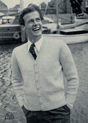 Patons 554 - Ernest - Mans Cardigan modelled by Roger Moore