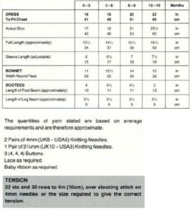 Robin 14996 - Baby's Dress, Bonnet & Bootees - Measurements