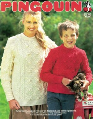 Pingouin 8276 - Crew neck raglan sweater in diamond and bobble pattern
