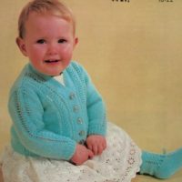 Aotea 7330 - Child's V Neck Set-in-sleeve Cable Panelled Cardigan with matching Bootees
