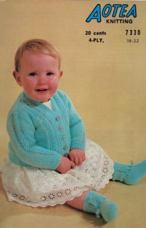 Aotea 7330 - Child's V Neck Set-in-sleeve Cable Panelled Cardigan with matching Bootees