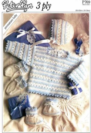 Peter Pan P769 - Angel Top, Bonnet, Bootees and Mittens for a premature baby