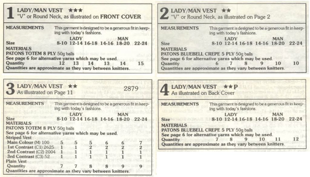Patons 1121 - Lady man vests - measurements