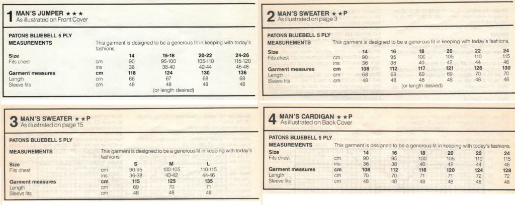 Patons 897 - Handknits for Men - measurements