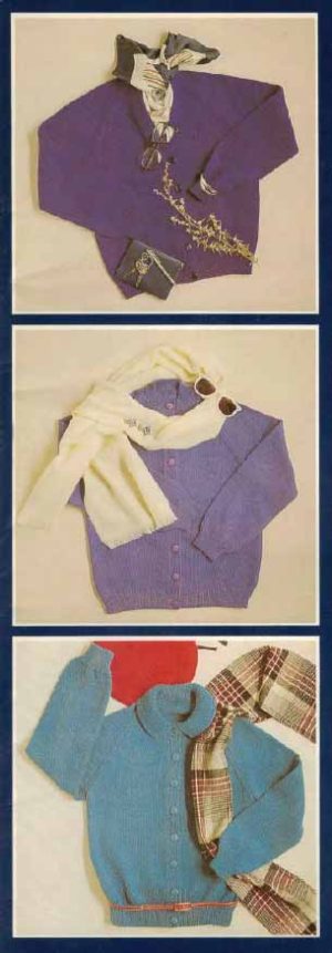 Patons Classic Collection No 53 - 3 and 4 raglan sleeved cardigan with 3 neckline variations 1