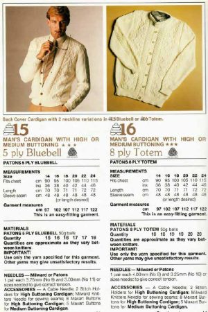 Patons 781 - Ribs n Cables for Men - 15 and 16 Cardigan with high or medium buttoning