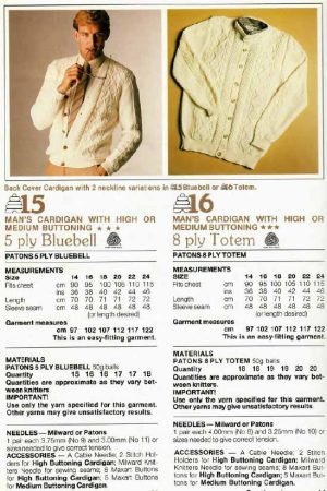 Patons 781 - Ribs n Cables for Men - 15 and 16 Cardigan with high or medium buttoning