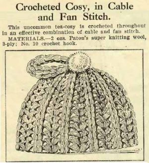 Cushions and Cosies 6 - gallery image - Crocheted cosy in cable and fan stitch