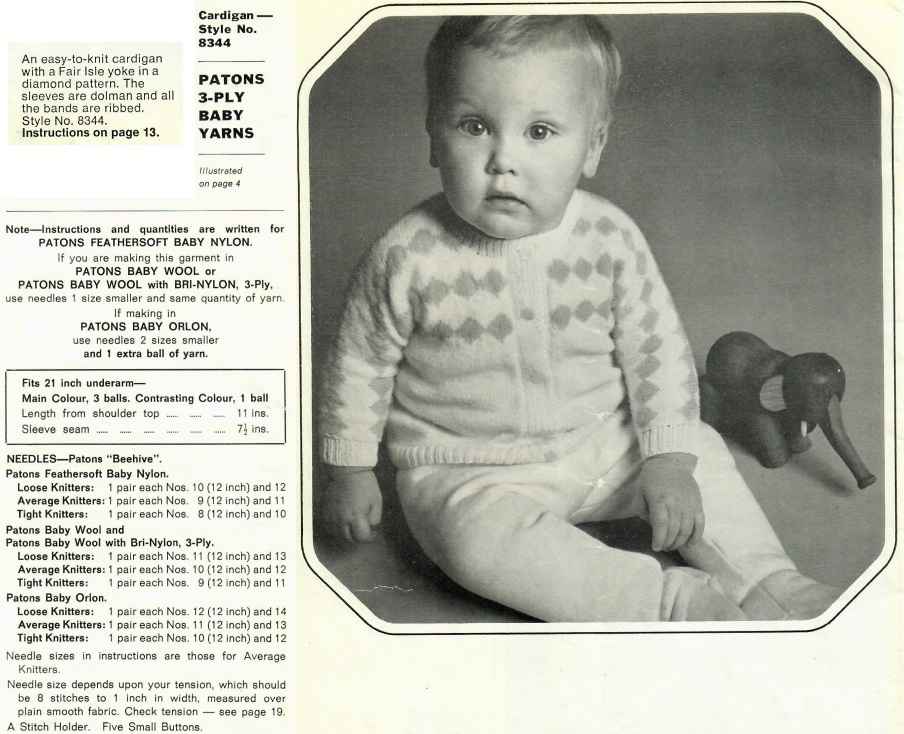 Patons 834 - Playmates in 3 ply baby yarns - 8344 - cardigan with diamond pattern