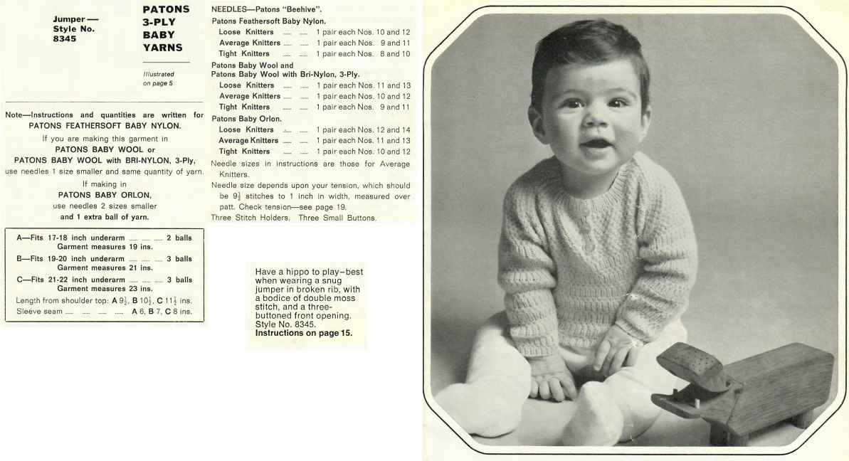 Patons 834 - Playmates in 3 ply baby yarns - 8345 hippo to play jumper