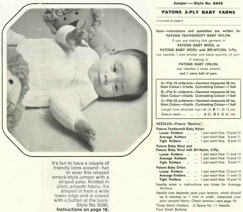 Patons 834 - Playmates in 3 ply baby yarns - 8346 smock-style jumper