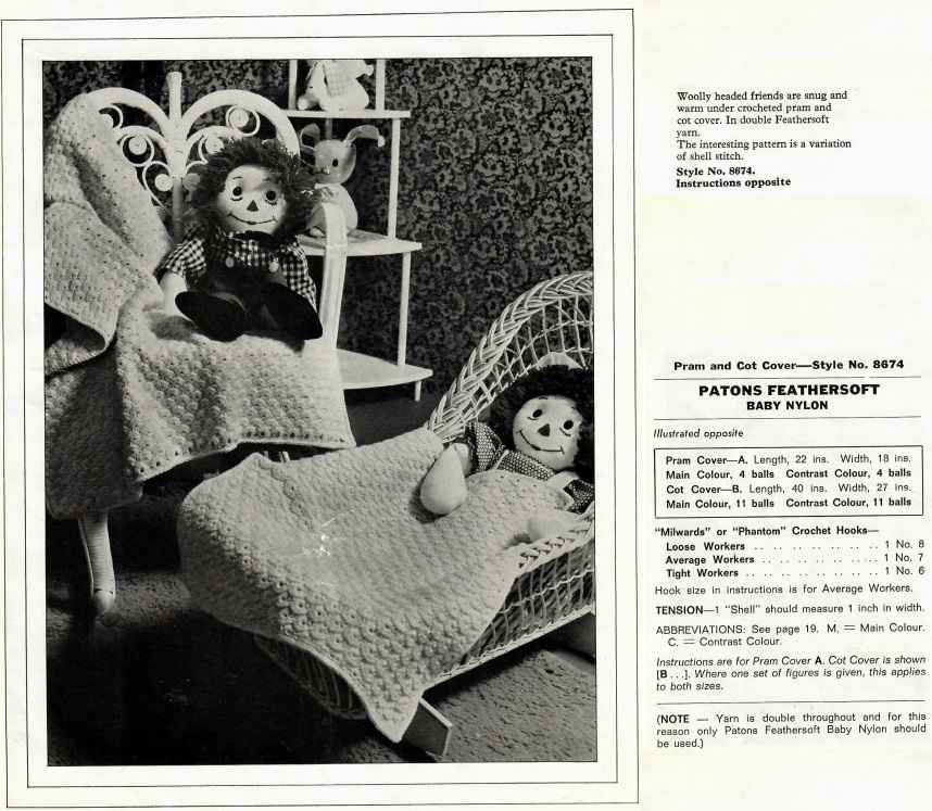 Patons 867 - Gurgles and Games in 3 ply baby yarns - 8674 - crocheted pram and cot cover