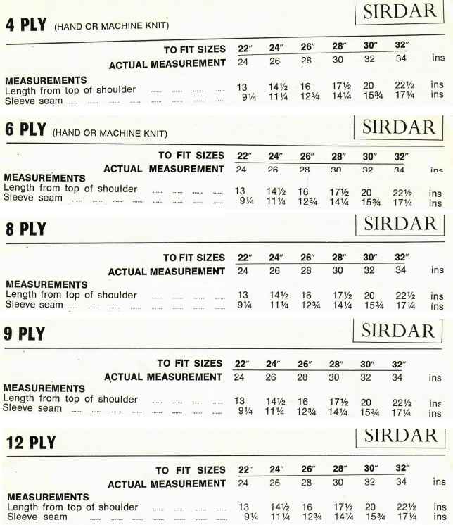 Sirdar 9985 - Classics Cardigans - measurements